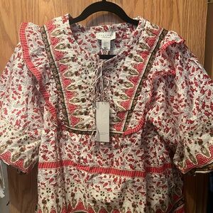Calypso St. Barth NWT Cream Red Floral Quilted Puff Sleeve Boho Top Womens L